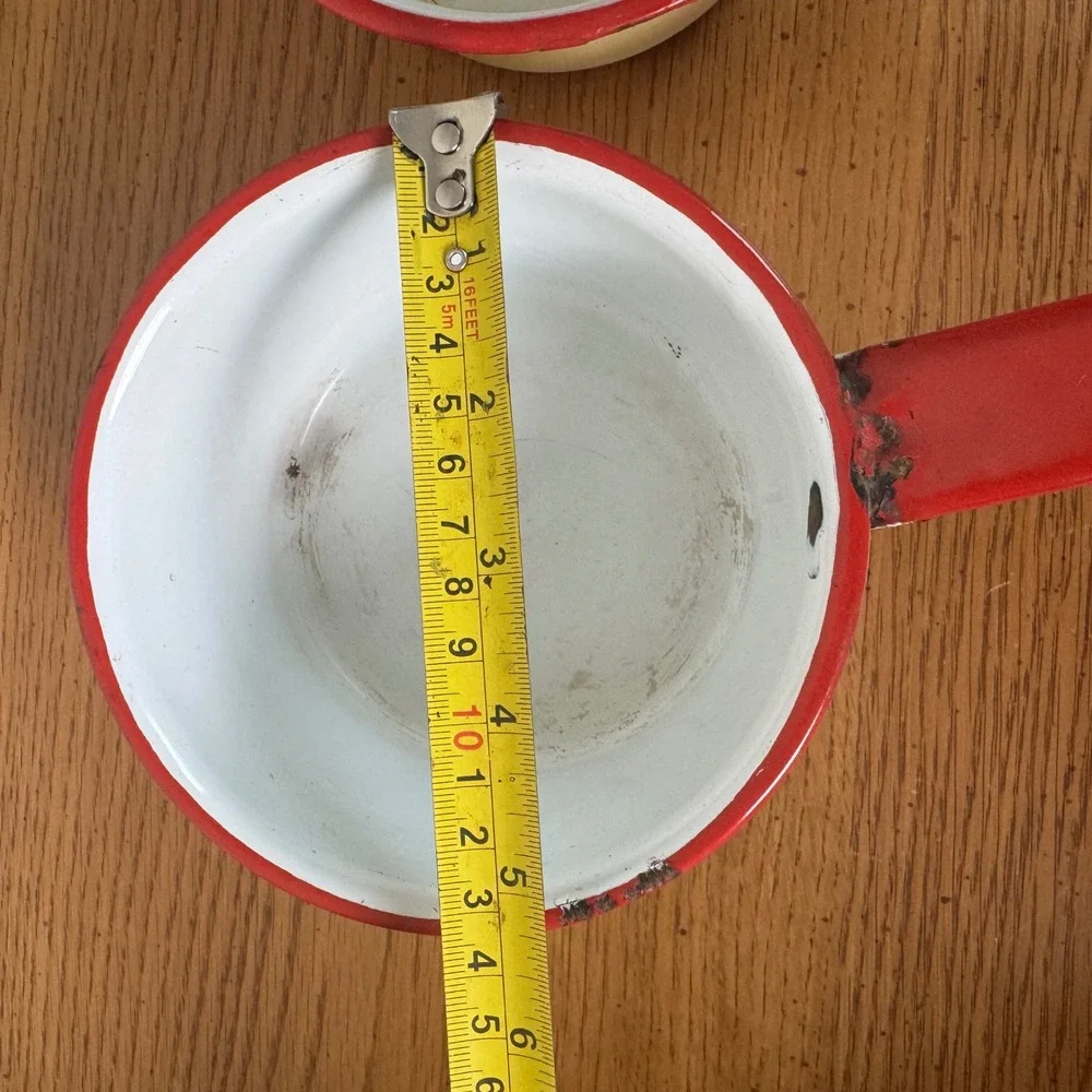 Vintage Enamelware Nesting Saucepan Set White with Red Trim 3‎ pc Rustic Decor